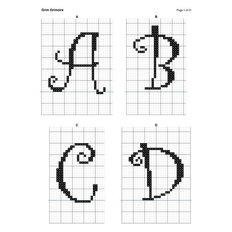 May include: A cross-stitch pattern sheet titled Grim Grimoire, Page 1 of 21, featuring four black pixelated letters A, B, C, and D arranged in a grid. Each letter is rendered in a decorative script style on a white grid background.