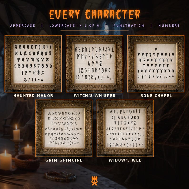 Puede incluir: Una colecci&oacute;n de fuentes digitales con cinco estilos distintos titulados Haunted Manor, Witch's Whisper, Bone Chapel, Grim Grimoire y Widow's Web. Cada estilo muestra letras may&uacute;sculas, min&uacute;sculas, n&uacute;meros y puntuaci&oacute;n con una est&eacute;tica g&oacute;tica oscura.