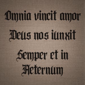May include: A piece of brown fabric featuring black embroidered text in a gothic font. The text reads Omnia vincit amor, Deus nos iunxit, and Semper et in Aeternum. The fabric has a visible woven texture throughout the entire surface of the material.