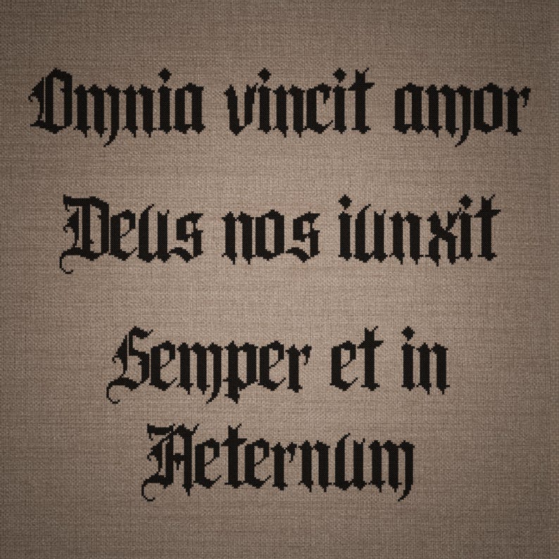 May include: A piece of brown fabric featuring black embroidered text in a gothic font. The text reads Omnia vincit amor, Deus nos iunxit, and Semper et in Aeternum. The fabric has a visible woven texture throughout the entire surface of the material.