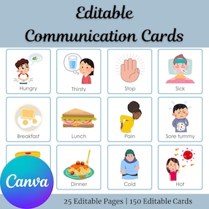 Peut inclure: Ensemble de cartes de communication modifiables avec des illustrations représentant divers besoins et sentiments. Les cartes incluent des images pour la faim, la soif, l'arrêt, la maladie, le petit-déjeuner, le déjeuner, la douleur, le mal de ventre, le dîner, le froid et la chaleur.