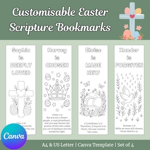 Op de afbeelding: Set van vier aanpasbare paasschrift bladwijzers. Elke bladwijzer heeft een naam en een inspirerende boodschap. Ontwerpen omvatten een kruis, een kroon, een leeg graf en een duif. De tekst "Customisable Easter Scripture Bookmarks" staat bovenaan.