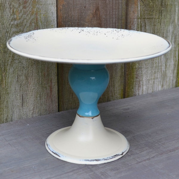 Cake Stand Metal With Blue Porcelain Accent Vintage