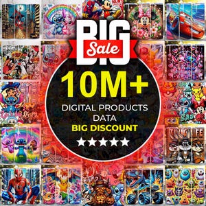 May include: A collage of various stainless steel tumblers featuring cartoon characters like Spider-Man, Stitch, and Mickey Mouse. The image also includes text that reads "BIG Sale 10M+ DIGITAL PRODUCTS DATA BIG DISCOUNT."