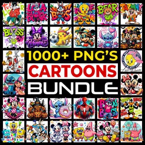 May include: A collection of cartoon character images, including Bugs Bunny, Minnie Mouse, and Pikachu, arranged in a grid. The text "1000+ PNG'S CARTOONS BUNDLE" is displayed in the center, with various cartoon characters around it.
