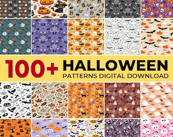 100+ schattige digitale Halloween-papieren, Spooky Ghost Pumpkin Naadloos patroon, oranje vleermuis plakboek, roze achtergronden, gotische patronen