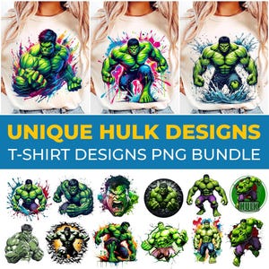 May include: Collection of Hulk-themed t-shirt designs. The designs feature the Hulk in various poses, with vibrant green skin and purple pants. The text "UNIQUE HULK DESIGNS T-SHIRT DESIGNS PNG BUNDLE" is displayed in a blue and yellow banner.
