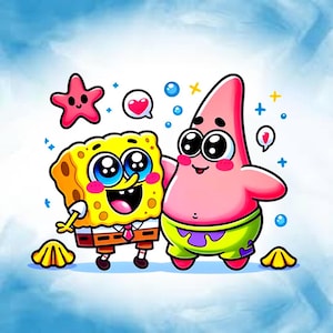 May include: A cartoon illustration featuring SpongeBob SquarePants and Patrick Star. SpongeBob is yellow with a brown tie and pants, while Patrick is pink with green shorts. Hearts, bubbles, and a starfish are also included.