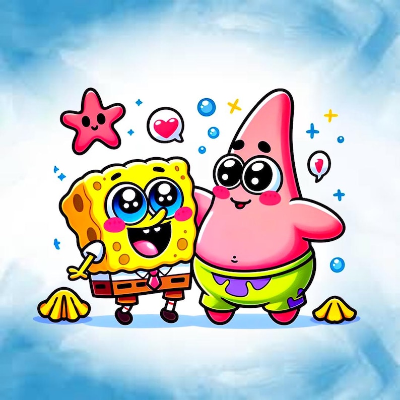 May include: A cartoon illustration featuring SpongeBob SquarePants and Patrick Star. SpongeBob is yellow with a brown tie and pants, while Patrick is pink with green shorts. Hearts, bubbles, and a starfish are also included.