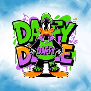 May include: A cartoon illustration of Daffy Duck in a green hoodie, black pants, and orange feet. The image features the words "DAFFY DUCK" in graffiti-style lettering with purple and green accents. Musical notes and the words "RAP FIRE" are also included.