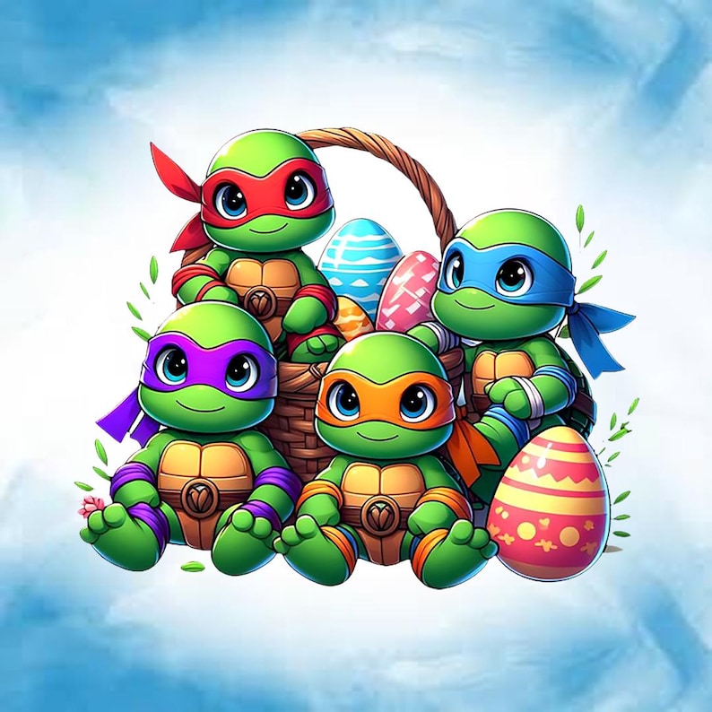 May include: Illustration of four green cartoon turtles, each with a different colored mask, sitting around a woven basket filled with decorated Easter eggs. The turtles are wearing red, blue, purple, and orange masks.
