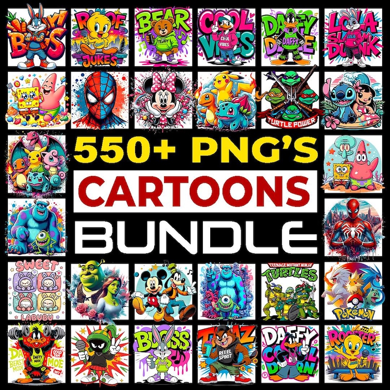 May include: A collection of cartoon character PNG images, including Bugs Bunny, SpongeBob, Spider-Man, and others. The image features the text "550+ PNG'S CARTOONS BUNDLE" in large, bold letters, with various cartoon characters in colorful designs.