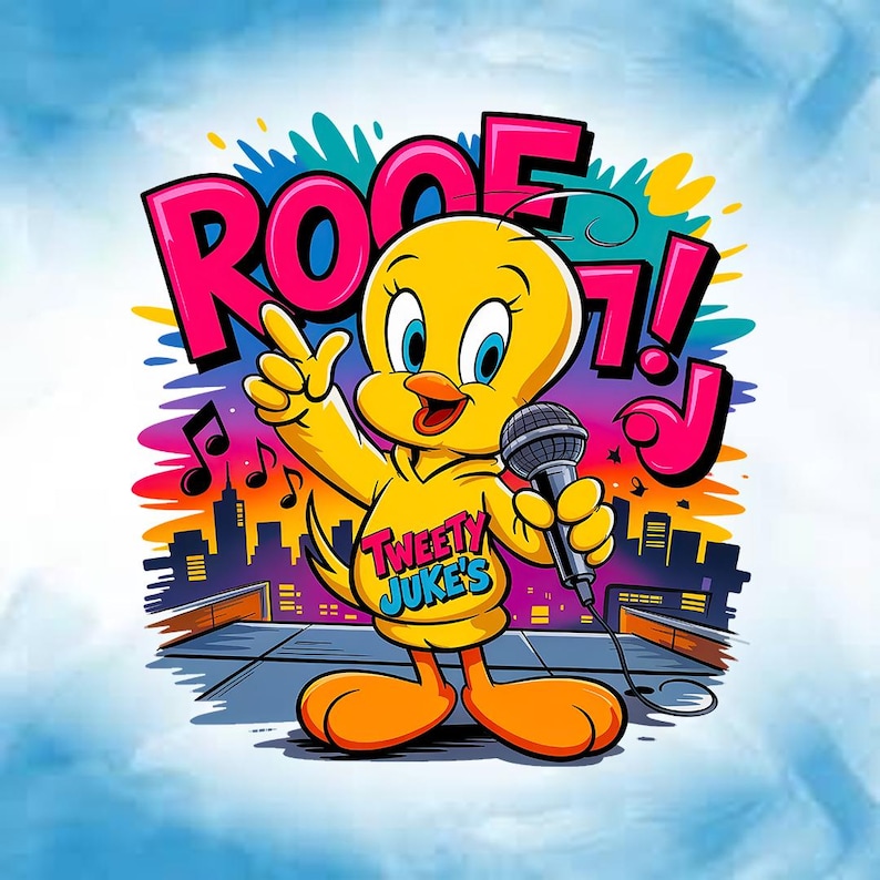May include: A cartoon illustration of Tweety Bird holding a microphone, with the word "ROCK!" in pink letters. Tweety Bird is wearing a yellow hoodie with the text "Tweety Juke's". The background features a cityscape and musical notes.
