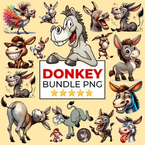 May include: A collection of cartoon donkey illustrations in various poses and expressions. The image includes a central graphic that reads "DONKEY BUNDLE PNG" with five gold stars. The donkeys are depicted in a variety of colors and styles.