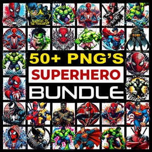 Pode incluir: Uma coleção de imagens PNG com tema de super-heróis. A imagem apresenta vários super-heróis, incluindo Homem-Aranha, Hulk e Superman, em poses dinâmicas. O texto na imagem diz "50+ PNG's Superhero Bundle."