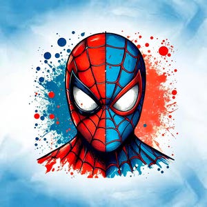 May include: A split-face illustration of a superhero with a red and blue color scheme. The left side is red, the right side is blue, with white eyes. The background has blue and red paint splatters.