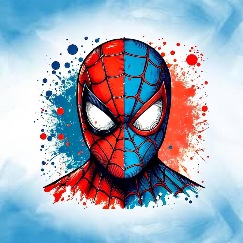 May include: A split-face illustration of a superhero with a red and blue color scheme. The left side is red, the right side is blue, with white eyes. The background has blue and red paint splatters.