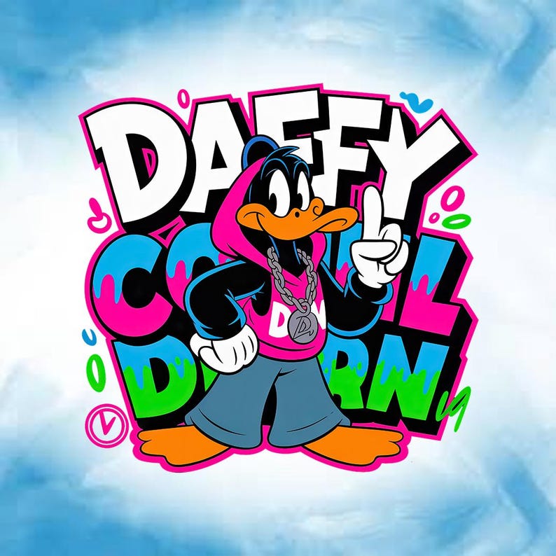 May include: A cartoon graphic of Daffy Duck wearing a pink hoodie, silver chain, and blue shorts, giving a hand gesture. The words "DAFFY COOL DUCK" are in a graffiti-style font with pink, blue, and white colors.