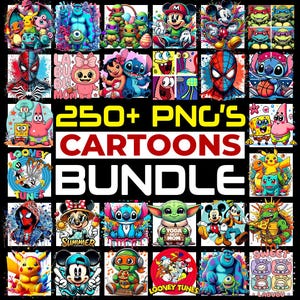 Op de afbeelding: Een verzameling PNG-afbeeldingen van stripfiguren, waaronder personages van Looney Tunes, Disney, Marvel en meer. De afbeelding bevat een verscheidenheid aan kleurrijke illustraties, met de tekst "250+ PNG'S CARTOONS BUNDLE" in het midden.
