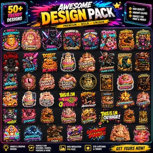 May include: A digital collection of over 50 graphic designs featuring cats, dinosaurs, and donuts with vibrant neon colors. The artwork includes text elements like Princess Donut, Mongo Is Appalled, and This Is An Outrage, presented in a grid layout.