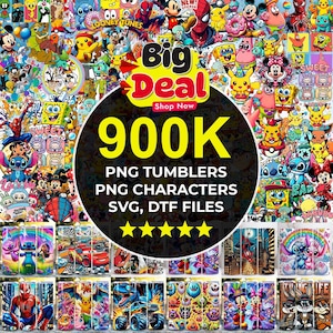May include: A vibrant collage featuring cartoon characters like Mickey Mouse, Spider-Man, and SpongeBob. The image includes the text "Big Deal" and "900K PNG Tumblers, PNG Characters, SVG, DTF Files". Various tumbler designs are displayed at the bottom.