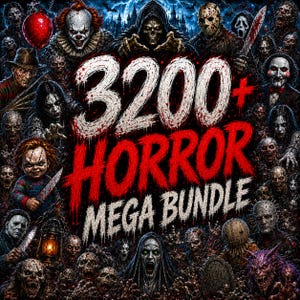 Op de afbeelding: Een digitale afbeelding met de tekst 3200+ HORROR MEGA BUNDLE in witte en rood met bloed bespatte letters, omringd door een collage van diverse horrorfilmfiguren, waaronder een clown, een skelet, een pop en gemaskerde figuren.