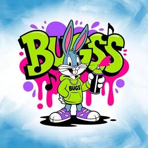 May include: A cartoon illustration of Bugs Bunny holding a spray paint can. He wears a green hoodie with "BUGS" on it, a silver chain, and purple sneakers. The background features graffiti-style text that spells "BUGS" in green with a pink and purple splatter effect.