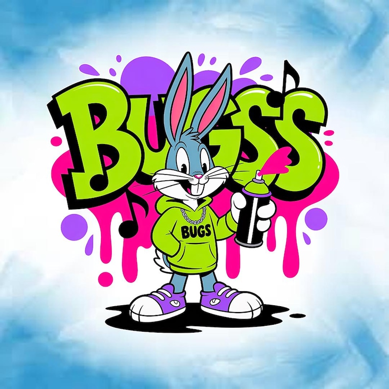 May include: A cartoon illustration of Bugs Bunny holding a spray paint can. He wears a green hoodie with "BUGS" on it, a silver chain, and purple sneakers. The background features graffiti-style text that spells "BUGS" in green with a pink and purple splatter effect.