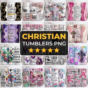 May include: A selection of Christian-themed tumblers with diverse designs. Some tumblers feature crosses, butterflies, and floral patterns, while others display inspirational quotes and religious text. The tumblers are cylindrical and come in various colours.
