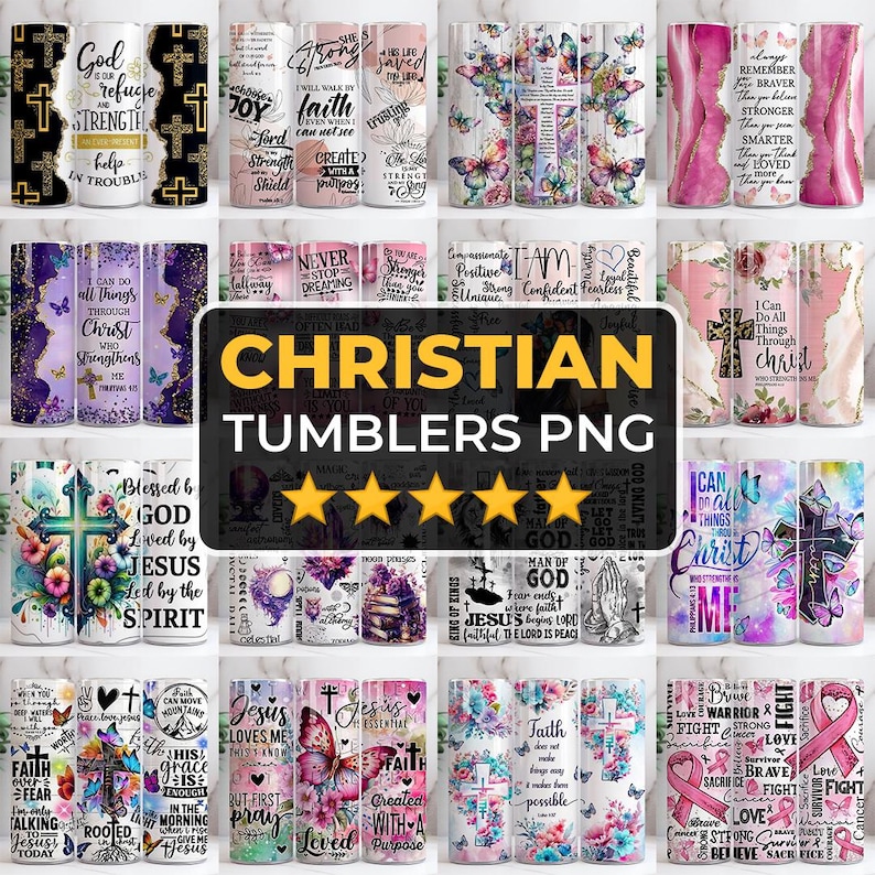 May include: A selection of Christian-themed tumblers with diverse designs. Some tumblers feature crosses, butterflies, and floral patterns, while others display inspirational quotes and religious text. The tumblers are cylindrical and come in various colours.