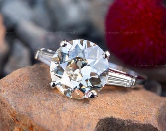 3.30 Ct Round Old European Cut Lab Diamond Three Stone Antique Engagement Ring