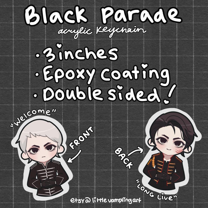 May include: A double-sided acrylic keychain with an epoxy coating. The front features a cartoon character with white hair in a black uniform, and the back shows a character with dark hair in a black uniform. The keychain is 3 inches in size.
