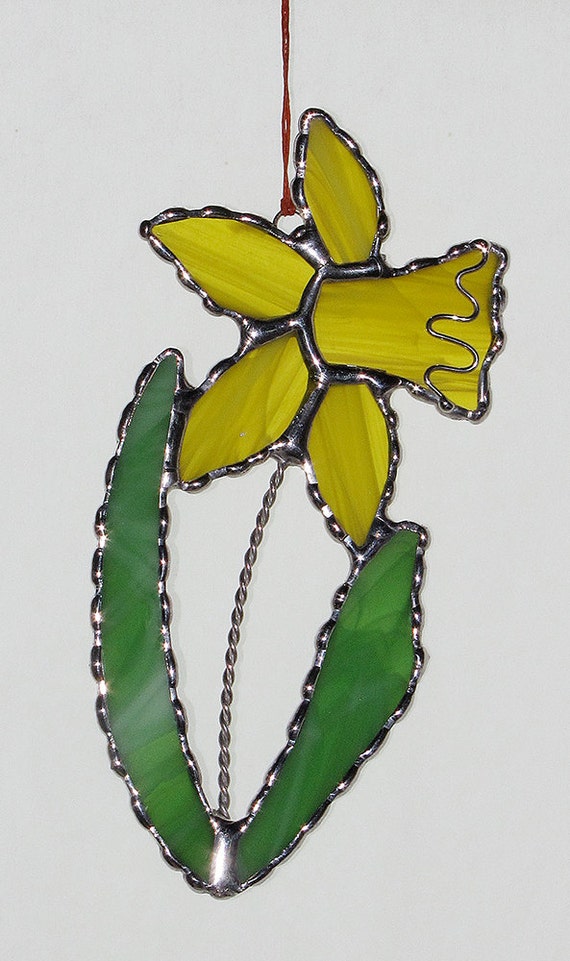 Stained Glass Suncatcher Yellow Daffodil with Wire Accent | Etsy