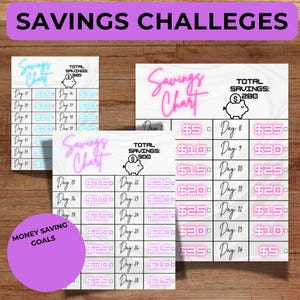 May include: Savings challenge charts with neon pink and blue text. The charts have savings goals of £280, £300, and £320. The charts are designed to help track savings goals. The phrase "Money Saving Goals" is also visible.