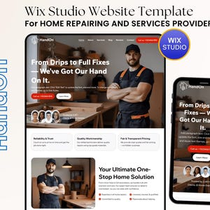 Pode incluir: Um modelo de site para serviços de reparo doméstico, apresentando um design Wix Studio. O design inclui uma visualização para desktop e celular, com o texto "From Drips to Full Fixes - We've Got Our Hand On It." Um logotipo diz "HandOn".