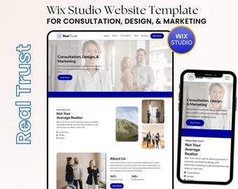 Può includere: Un modello di sito web per consulenza, design e marketing, visualizzato su un laptop e uno smartphone. Il sito web presenta uno schema di colori blu e bianco con il testo "Real Trust" e "Wix Studio". Lo smartphone mostra una versione mobile.