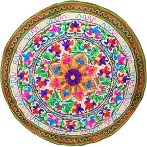 Mantel Suzani con bordado de patchwork de flores: tapiz indio bohemio, redondo de 89 cm