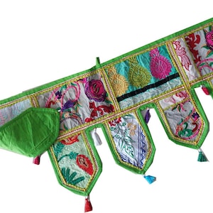 Vintage Indian Embroidered Green Door Toran: Patchwork Cotton Beaded Window Valance