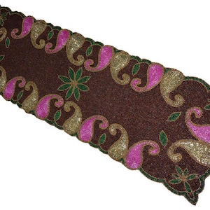 Handgemachter Tischläufer: Braune Glasperlen Paisley Design 92x30cm