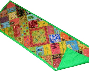 Boho Tapestry Table Runner: Antique Indian Sari, Beaded Embroidery Patchwork