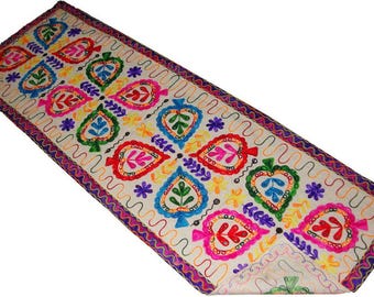 Boho Indian Embroidered Wall Tapestry: Folk Art Table Runner Home Decor Gift