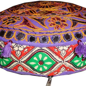 Boho Handgjord Rund Ottoman Pufföverdrag Indisk Golvfotpall Broderad Spegel Arbetsdekor