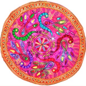 May include: A round, embroidered textile with a vibrant pink background. The design features colorful, stylized birds, paisley shapes, and floral elements in shades of green, blue, red, yellow, and purple. The border is a detailed, orange and yellow pattern.