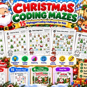 May include: A set of Christmas Coding Mazes worksheets for grades 1-3, ages 6-9. Includes 15 unplugged coding challenges, answer keys, and a teacher guide. Features Santa, reindeer, and snowman illustrations on grid-based activity pages.