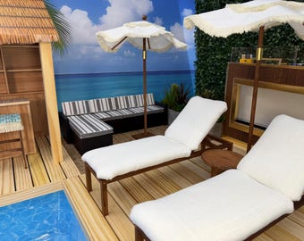 1:6 Scale Handmade Luxury Beach Lounge Chair Set – Real Wood Reclining Chairs, Umbrella & Table – Barbie Doll Furniture