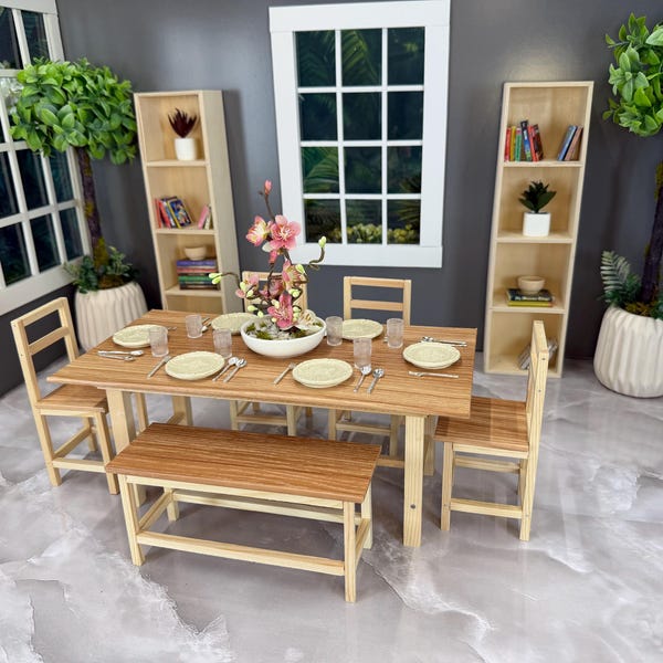 OOAK 1:6 Scale Farm Style Dining Set with Table, 6 Chairs & Bench | Handmade Doll Furniture