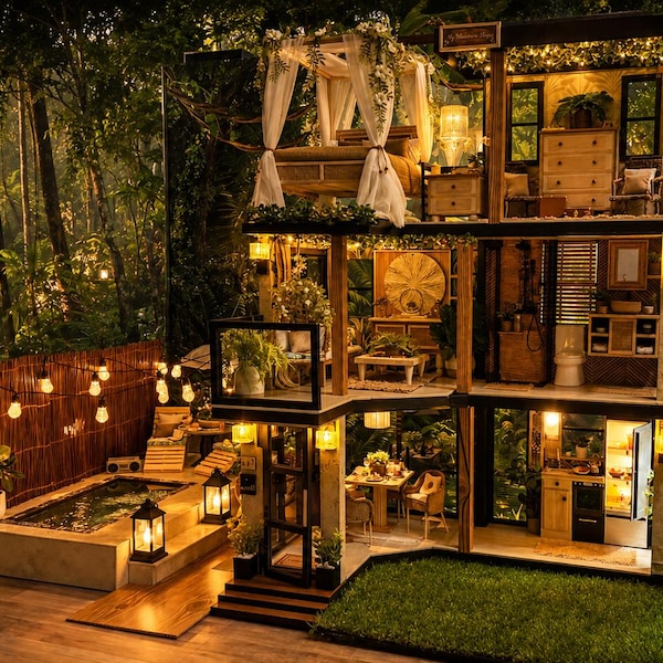OOAK Bali-Inspired Dollhouse – Complete Furnished Miniature Home + Pool, Lighting & Bali Background | PICKUP ONLY
