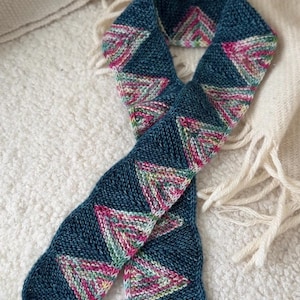 May include: A knitted scarf featuring a dark teal base color with a repeating geometric pattern of triangles. The triangles are filled with a variegated yarn blend of pink, green, and white colors. The scarf has a textured, hand-knit appearance.