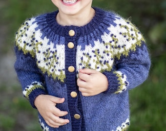May include: A blue knitted cardigan with a white and green patterned design. The cardigan has a button closure and is worn by a child.