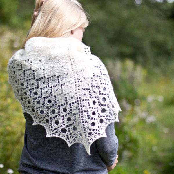 Carmellia - lace shawl; triangular crescent knitting pattern top-down sport-weight shawlette scarf